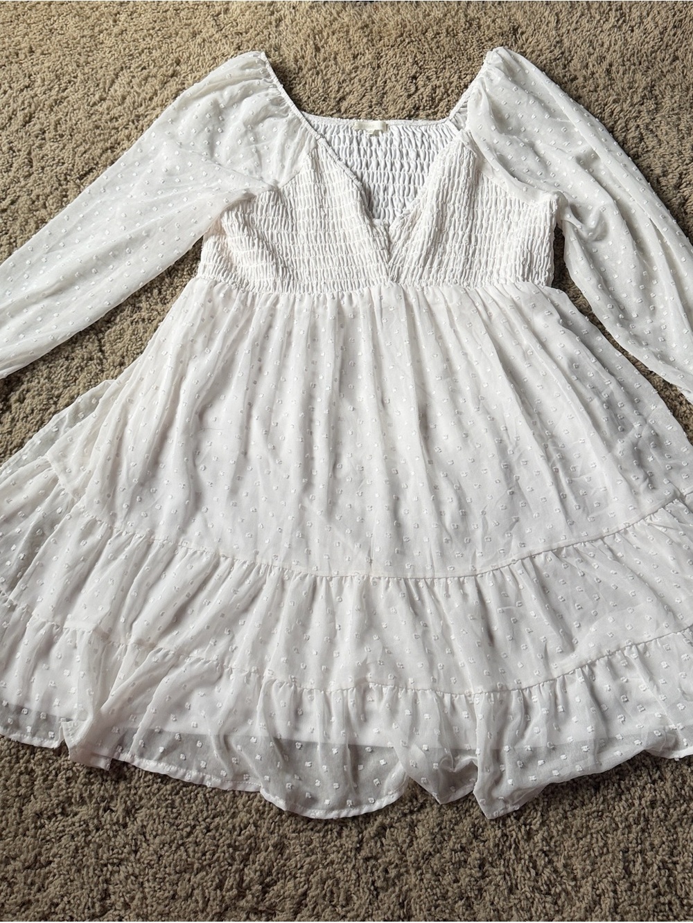 Ultra Flirt White Long-Sleeve Smocked Tiered Swiss Dot Dress